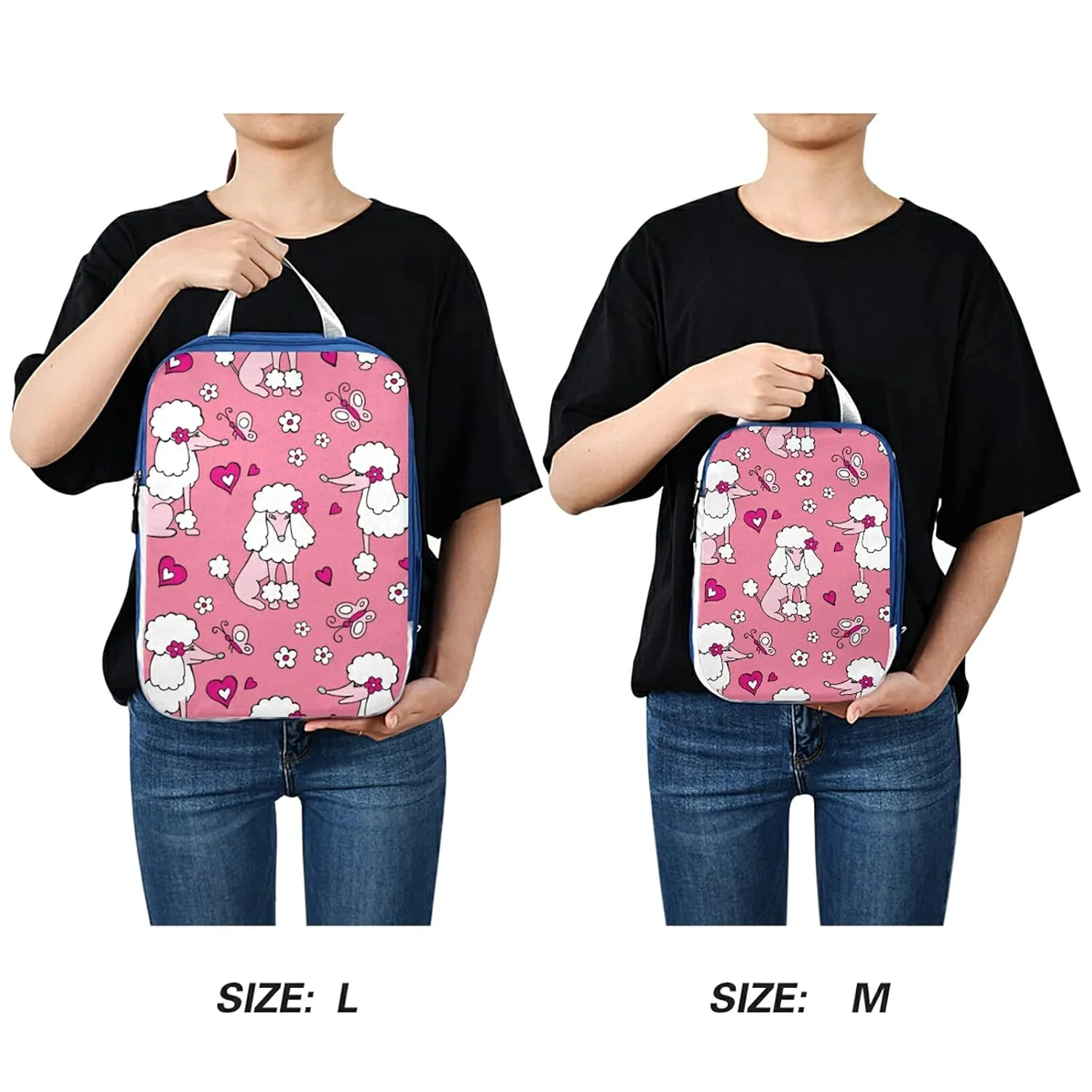 White Pink Poodle Dogs Hearts Flowers Seamless on Pink 3 Set Packing Cubes, Waterproof Check Oxford cloth Organizers, Travel Packing Toiletry Storage Bag