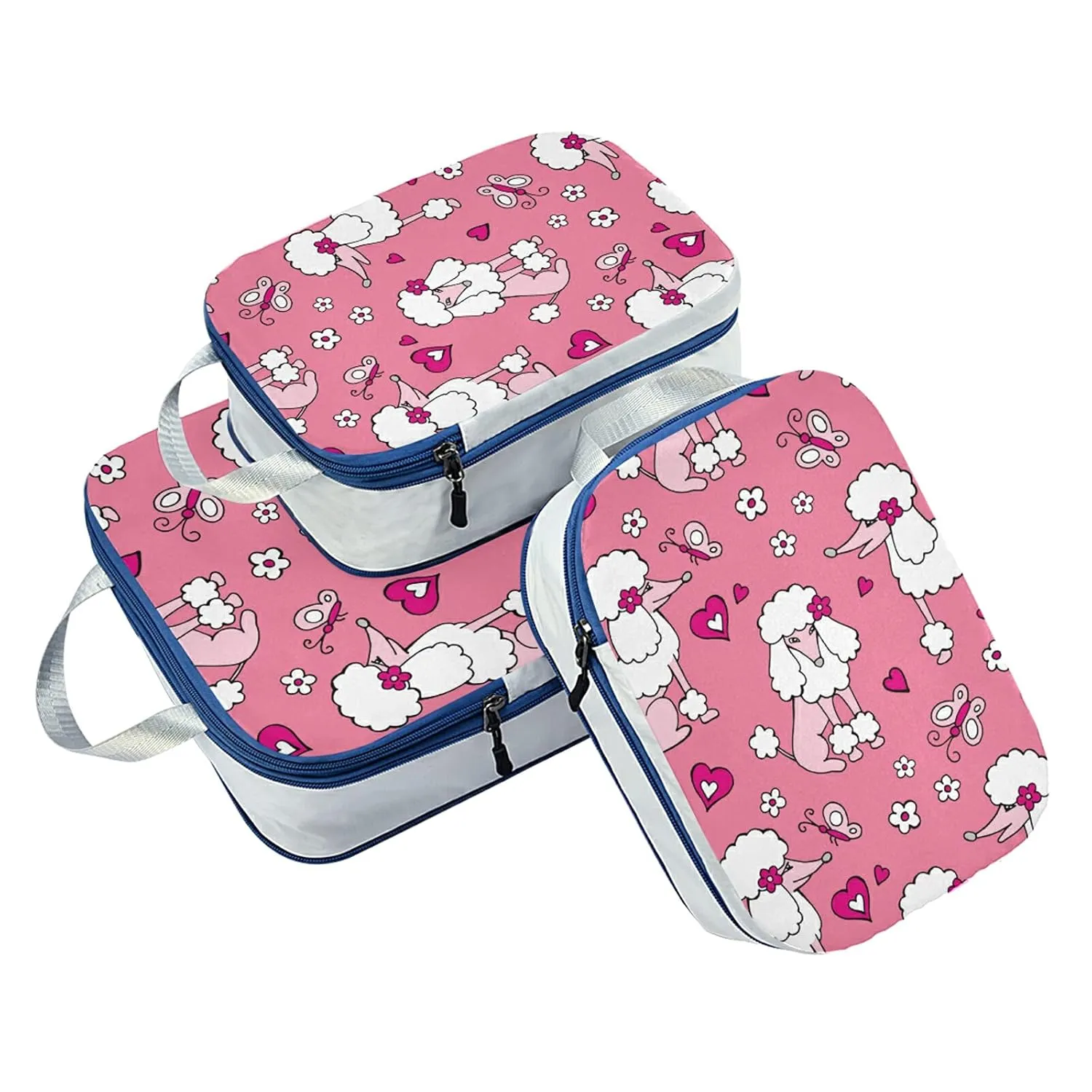 White Pink Poodle Dogs Hearts Flowers Seamless on Pink 3 Set Packing Cubes, Waterproof Check Oxford cloth Organizers, Travel Packing Toiletry Storage Bag