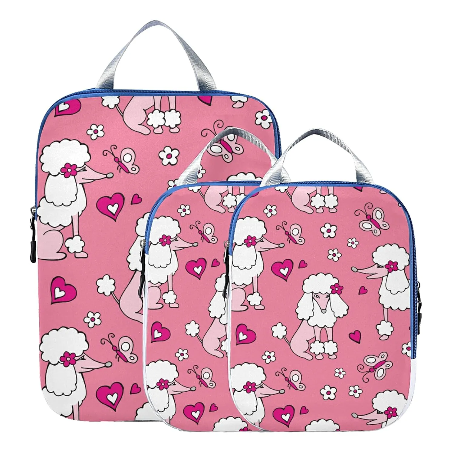 White Pink Poodle Dogs Hearts Flowers Seamless on Pink 3 Set Packing Cubes, Waterproof Check Oxford cloth Organizers, Travel Packing Toiletry Storage Bag