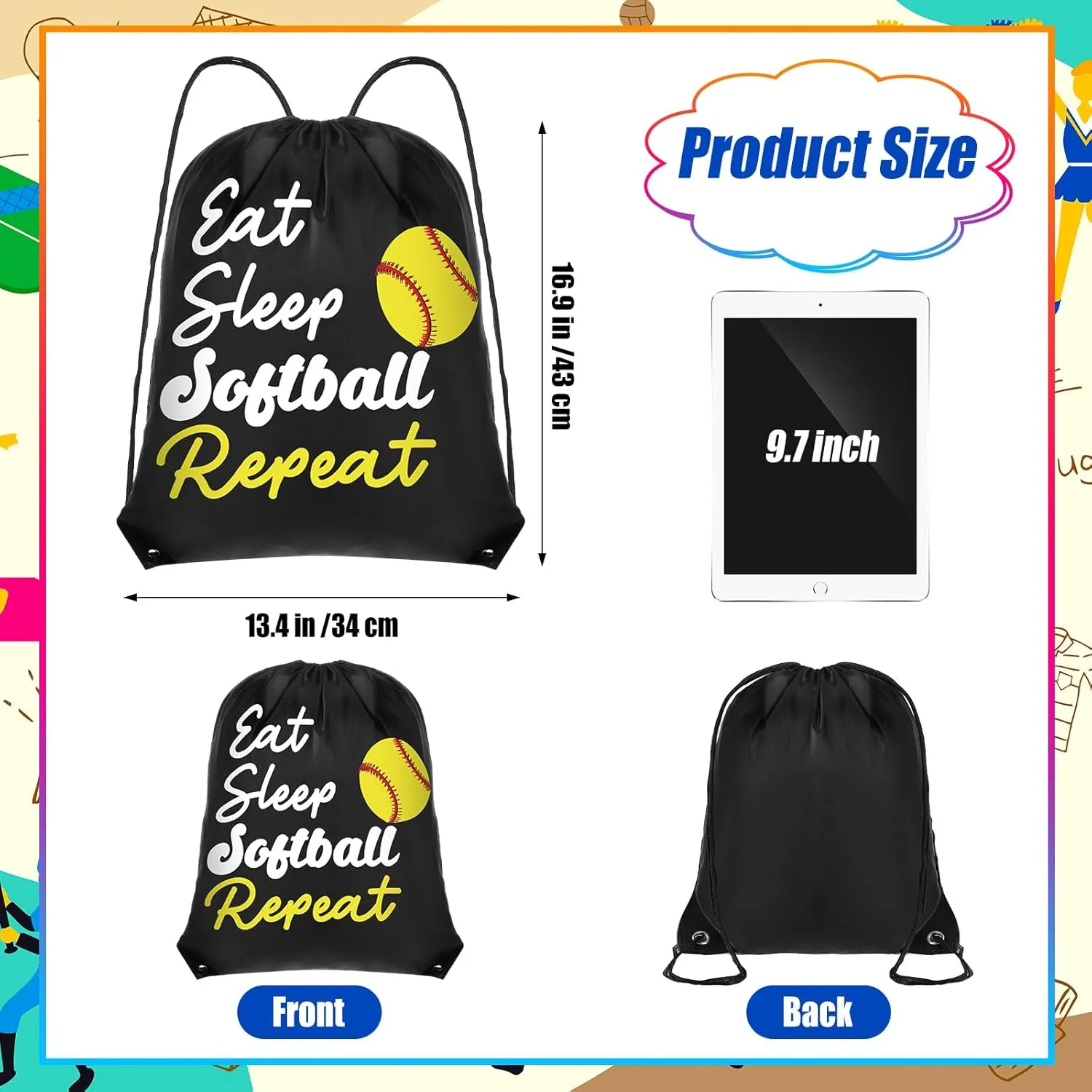 Windyun 16 Pcs Ball Drawstring Backpack Bulk Lightweight Draw String Bags Cinch Bags Drawstring Cinch Sack Tote(Softball)