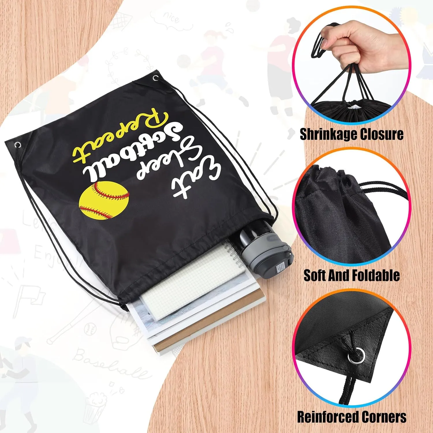 Windyun 16 Pcs Ball Drawstring Backpack Bulk Lightweight Draw String Bags Cinch Bags Drawstring Cinch Sack Tote(Softball)