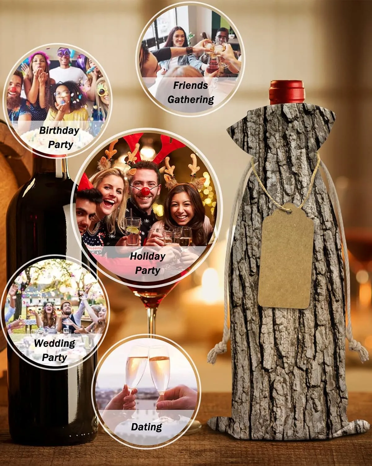 Wine Bags for Wine Bottles Gifts, Wine Bottle Bag with Drawstrings, Brown Old Tree Bark Wine Tote for Travel, Birthday, Blind Tastings, Christmas, Home Storage