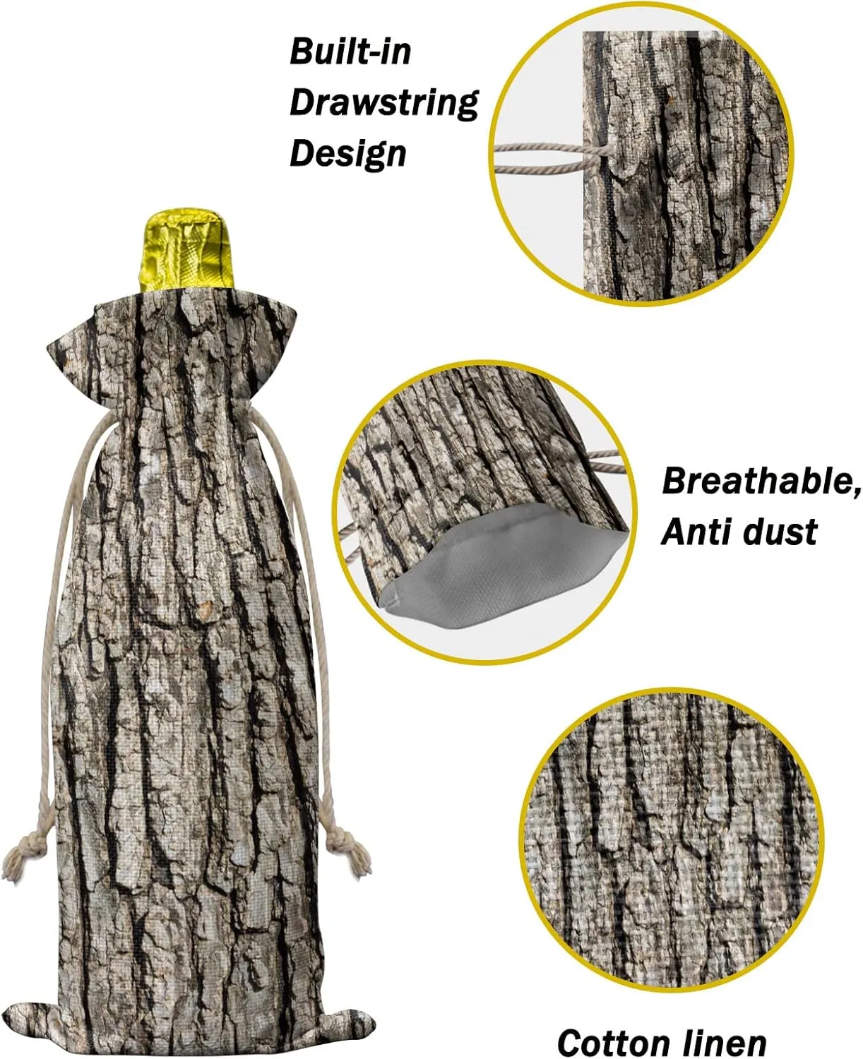 Wine Bags for Wine Bottles Gifts, Wine Bottle Bag with Drawstrings, Brown Old Tree Bark Wine Tote for Travel, Birthday, Blind Tastings, Christmas, Home Storage