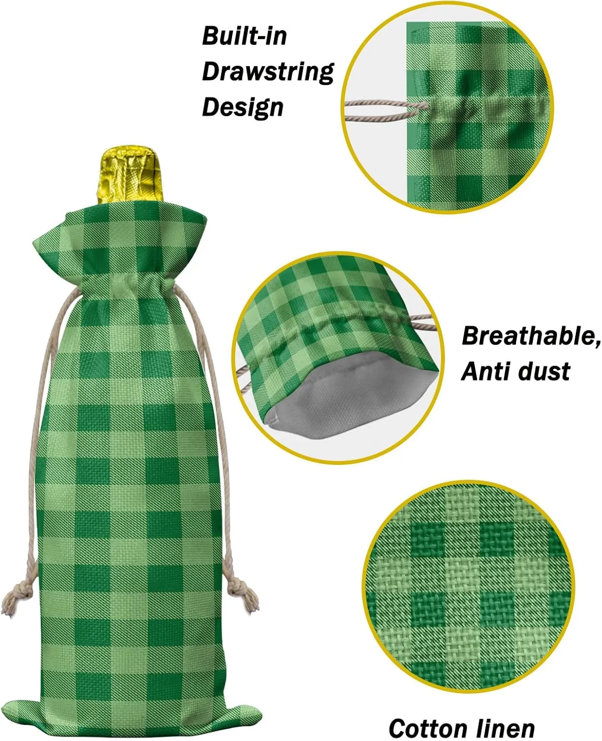 Wine Bags for Wine Bottles Gifts, Wine Bottle Bag with Drawstrings, Pastoral StyleGreen Lattice Wine Tote for Travel, Birthday, Blind Tastings, Christmas, Home Storage