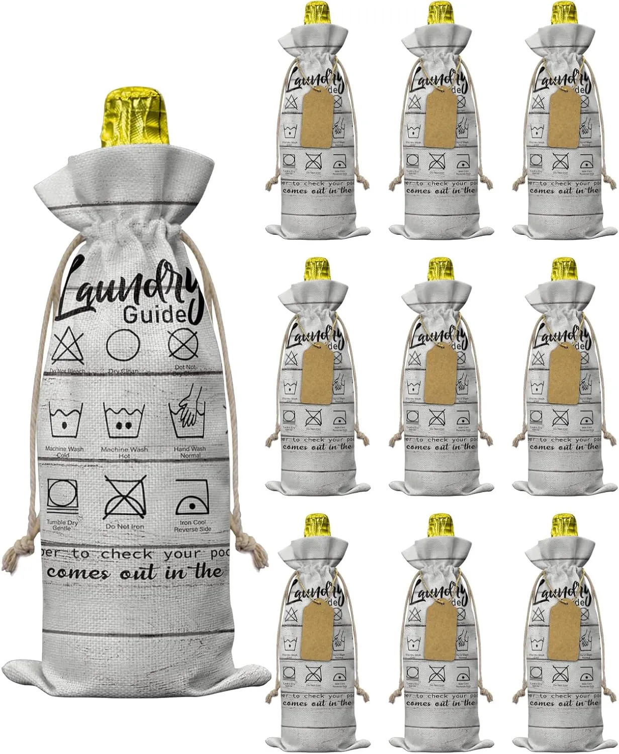 Wine Gift Bag Washable Wine Bags for Wine Bottles Gifts Funny Laundry Room Theme Laundry Guide Icon Rustic Wooden Planks Wine Travel Bag Burlap Wine Bags with Drawstrings Tabs, 10PCS, 6.3x17.3 Inch