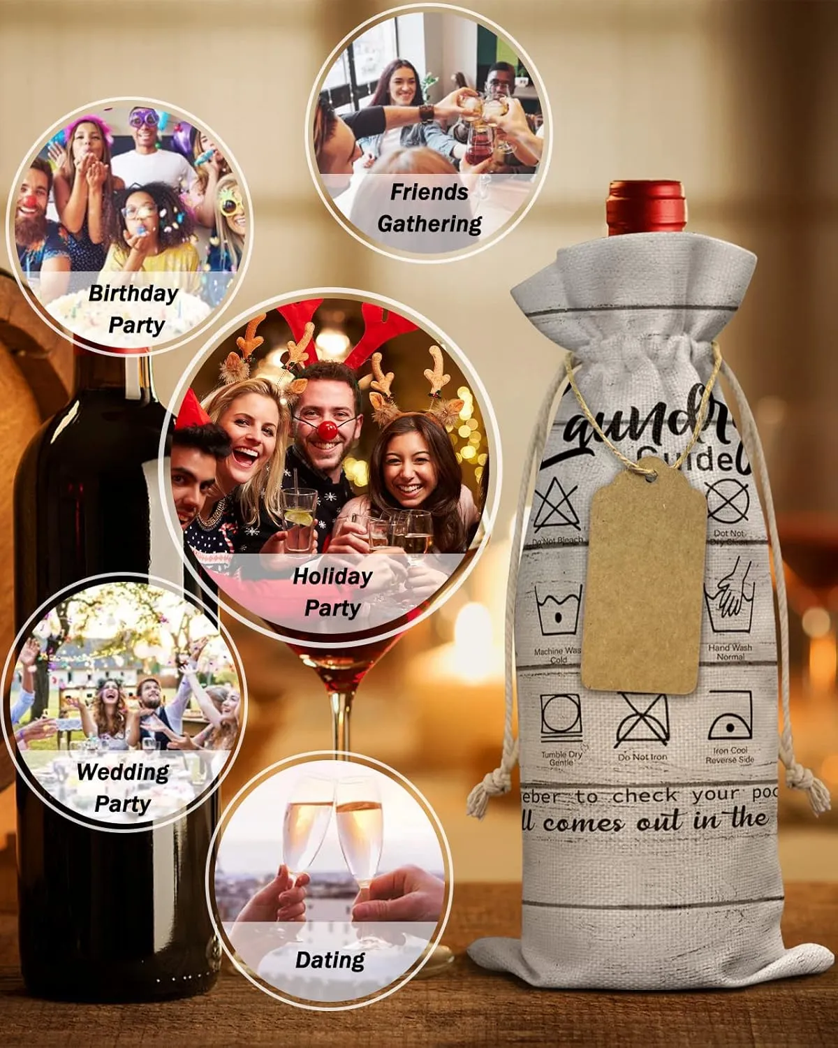 Wine Gift Bag Washable Wine Bags for Wine Bottles Gifts Funny Laundry Room Theme Laundry Guide Icon Rustic Wooden Planks Wine Travel Bag Burlap Wine Bags with Drawstrings Tabs, 10PCS, 6.3x17.3 Inch