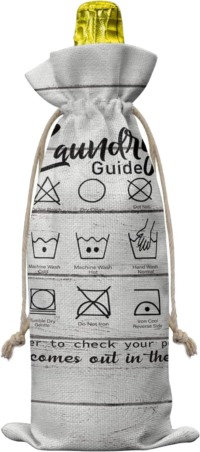 Wine Gift Bag Washable Wine Bags for Wine Bottles Gifts Funny Laundry Room Theme Laundry Guide Icon Rustic Wooden Planks Wine Travel Bag Burlap Wine Bags with Drawstrings Tabs, 10PCS, 6.3x17.3 Inch