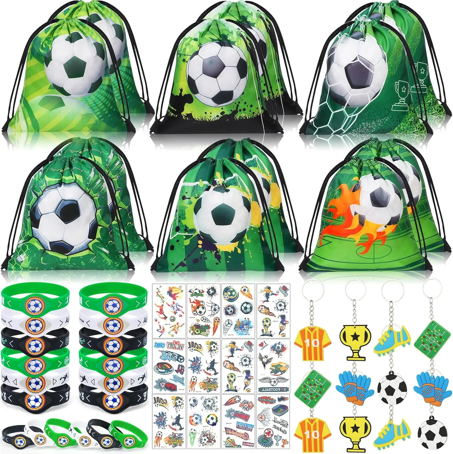 Winrayk 12 Sets Soccer Party Favors Sports Birthday Supplies, Drawstring Bag Silicone Bracelet Keychain Tattoo Sticker, Kids Gifts Goodie Bag Stuffers Filler Soccer Birthday Party Decorations Supplies