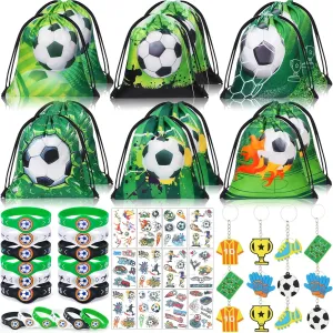 Winrayk 12 Sets Soccer Party Favors Sports Birthday Supplies, Drawstring Bag Silicone Bracelet Keychain Tattoo Sticker, Kids Gifts Goodie Bag Stuffers Filler Soccer Birthday Party Decorations Supplies