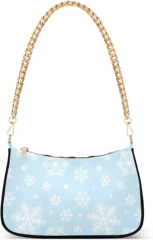 Winter Snowflake Christmas Shoulder Handbags for Women Travel Hobo Tote Handbag Women Gold Chain Shoulder Bags Purse with Zipper Closure