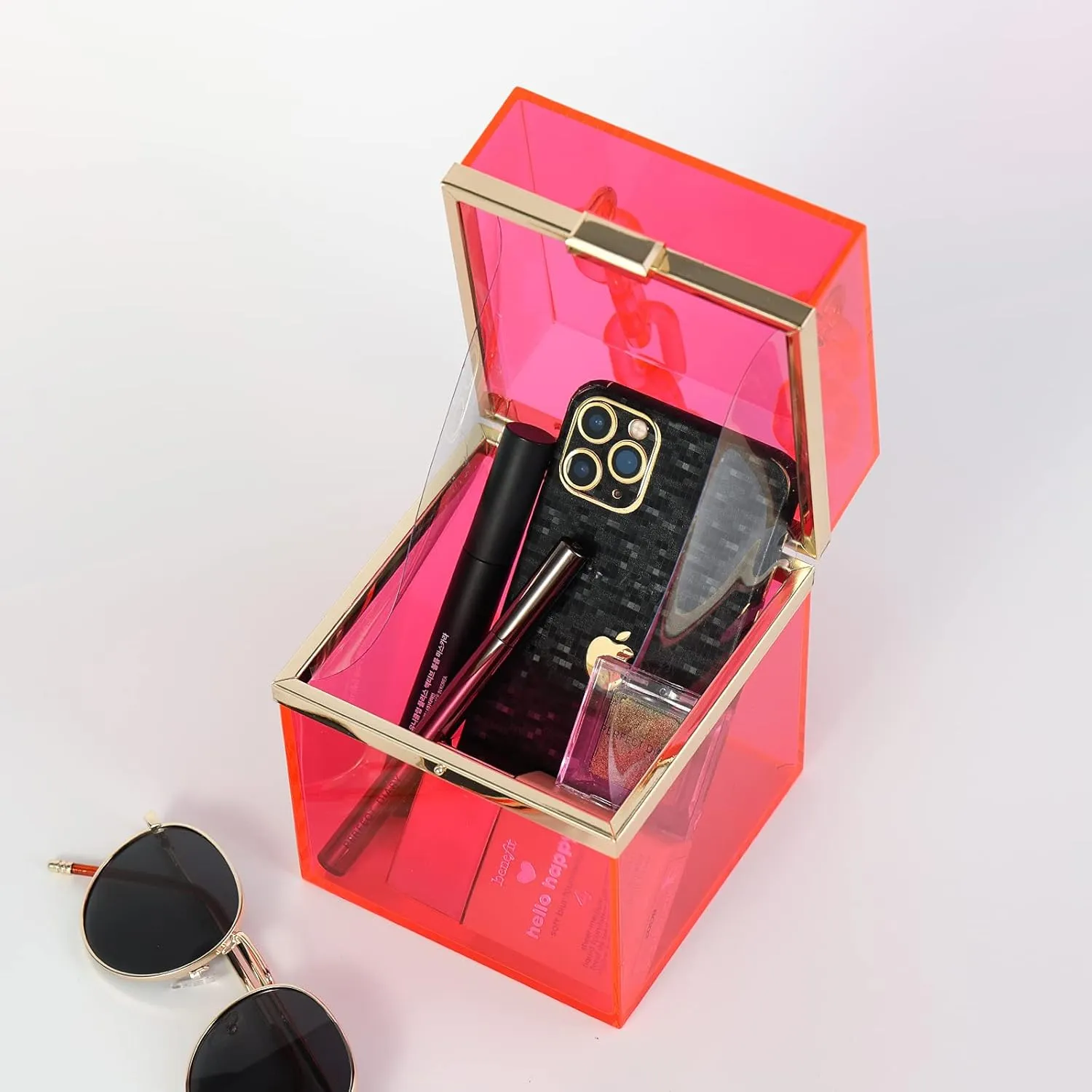 WJCD Cute Clear Acrylic Plastic Neon Hard Frame Party Clutch Purse with Gold Chain Strap