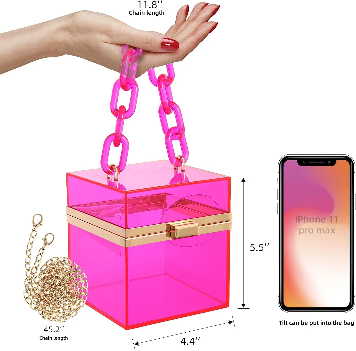 WJCD Cute Clear Acrylic Plastic Neon Hard Frame Party Clutch Purse with Gold Chain Strap