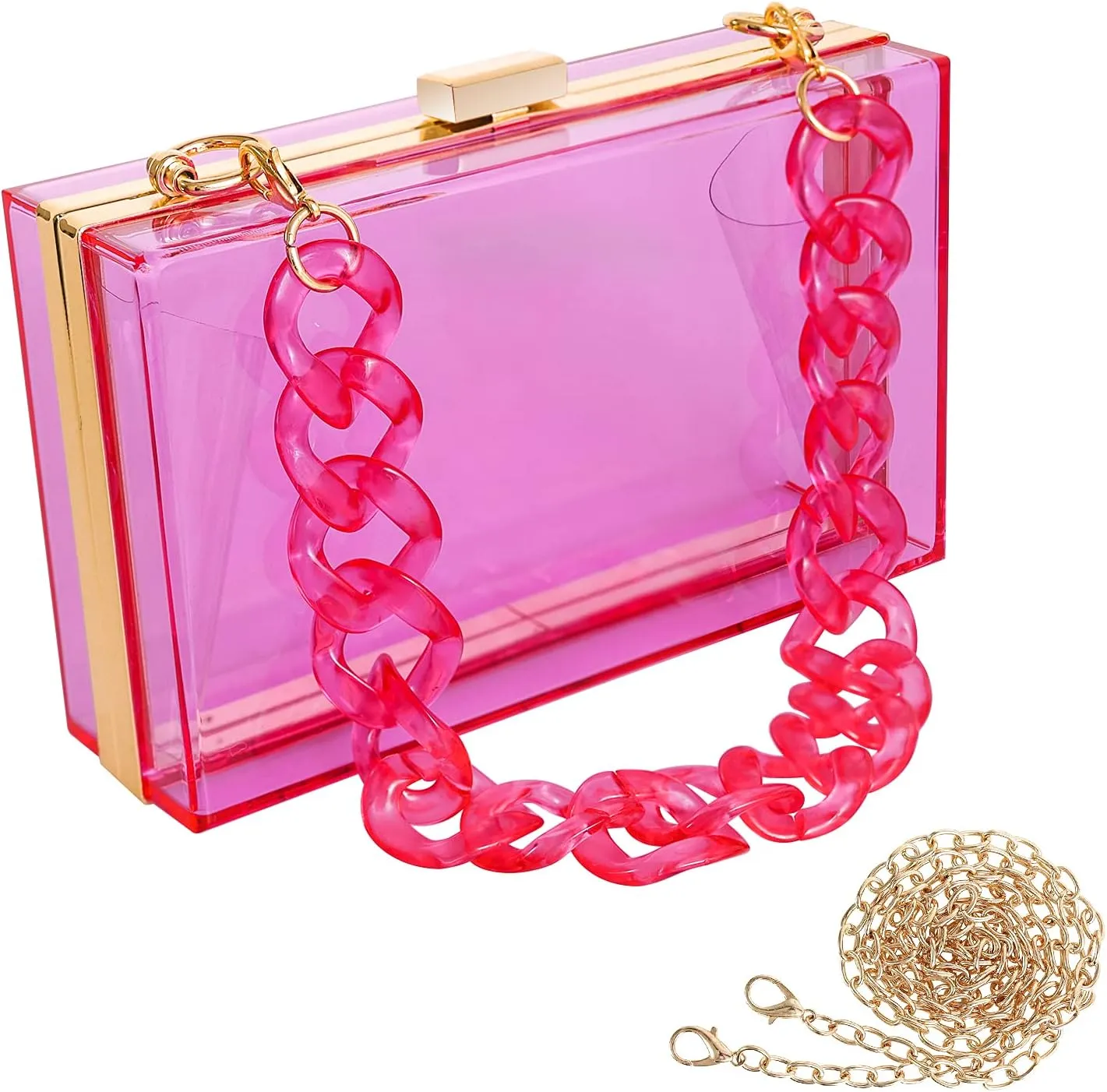 WJCD Women Clear Purse Acrylic Box Clutch Handbag, Small Transparent Crossbody Evening Bag Stadium Approved Gold Chain Strap