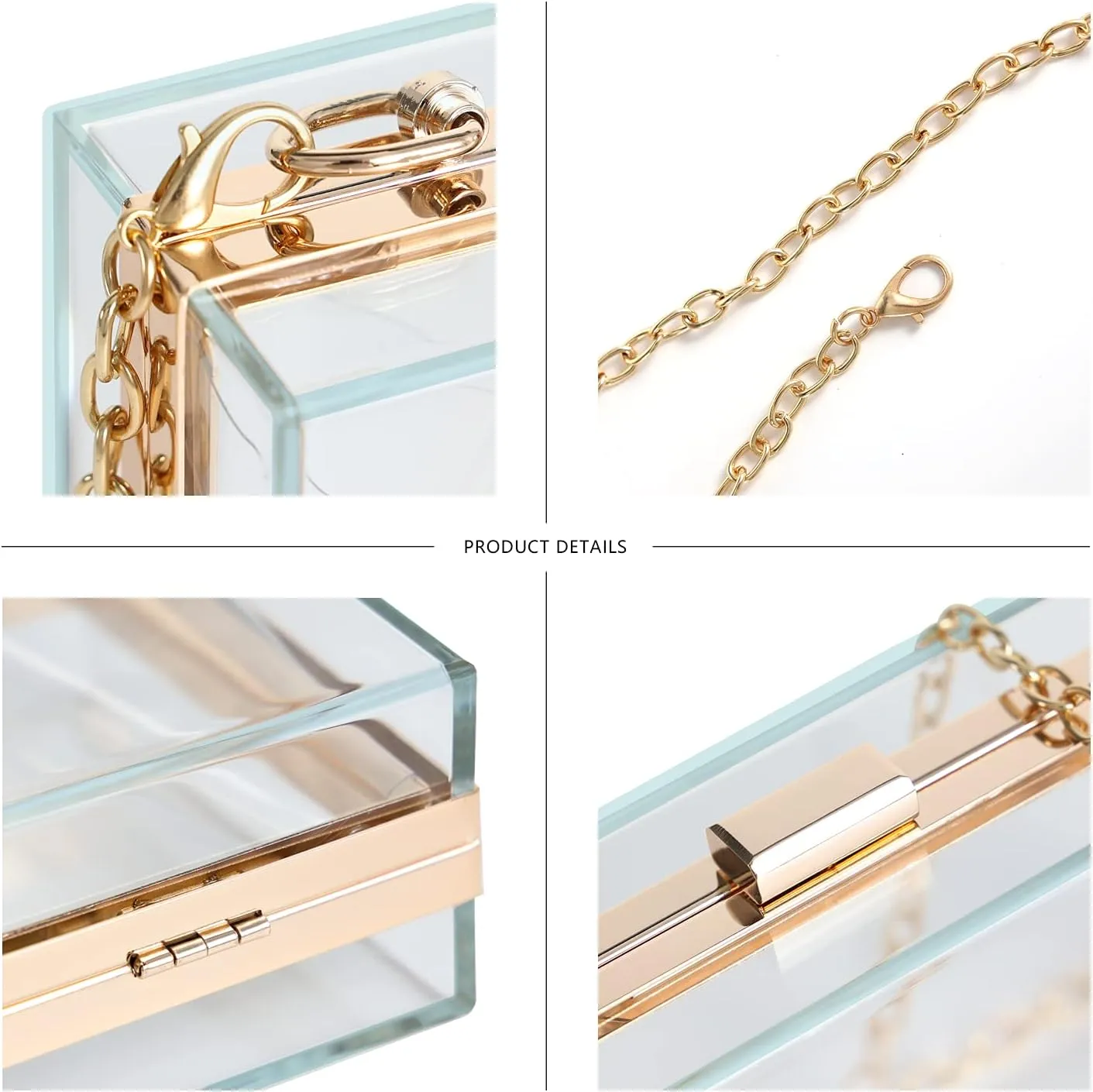 WJCD Women Clear Purse Acrylic Box Clutch Handbag, Small Transparent Crossbody Evening Bag Stadium Approved Gold Chain Strap