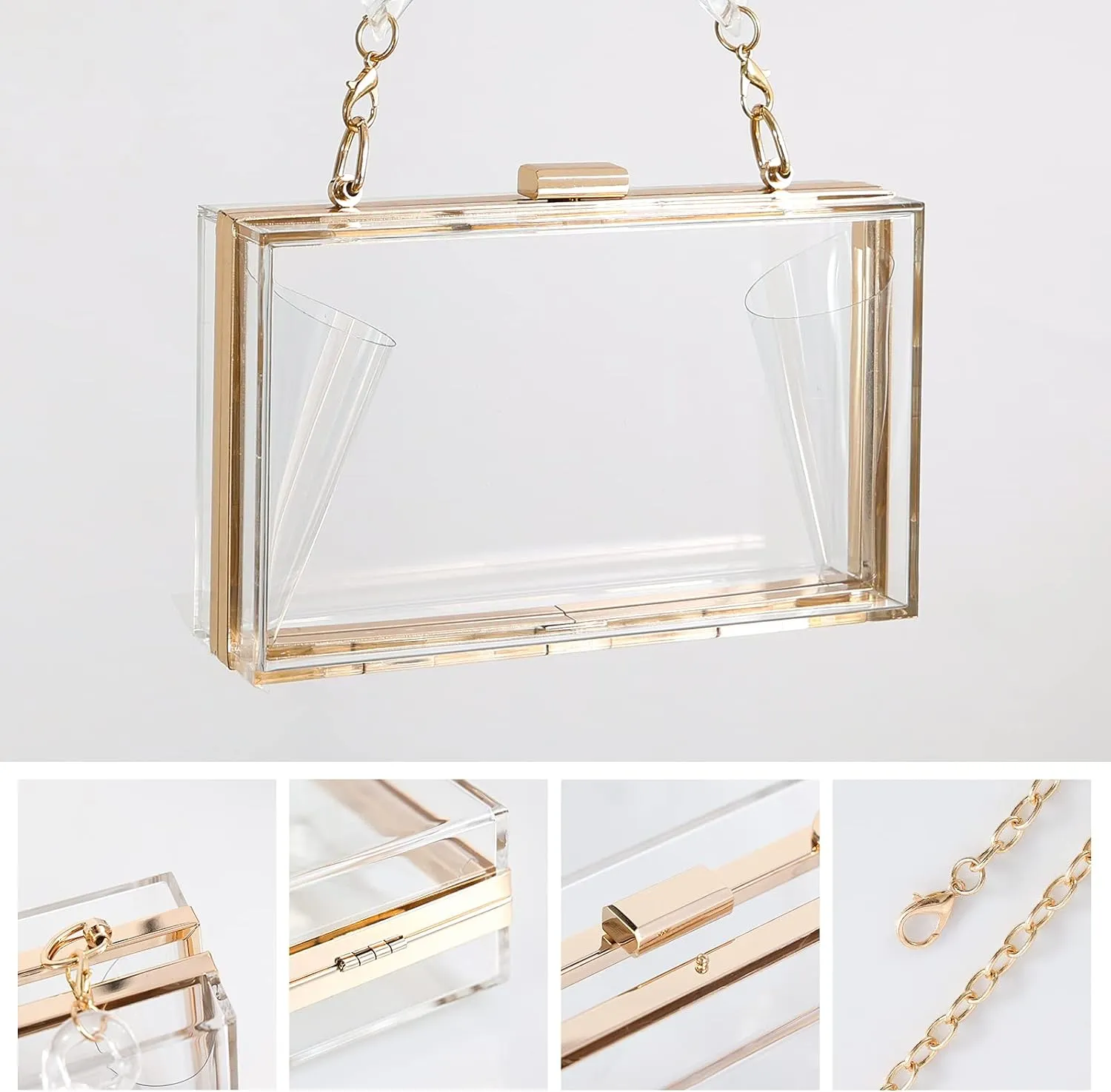 WJCD Women Clear Purse Acrylic Box Clutch Handbag, Small Transparent Crossbody Evening Bag Stadium Approved Gold Chain Strap