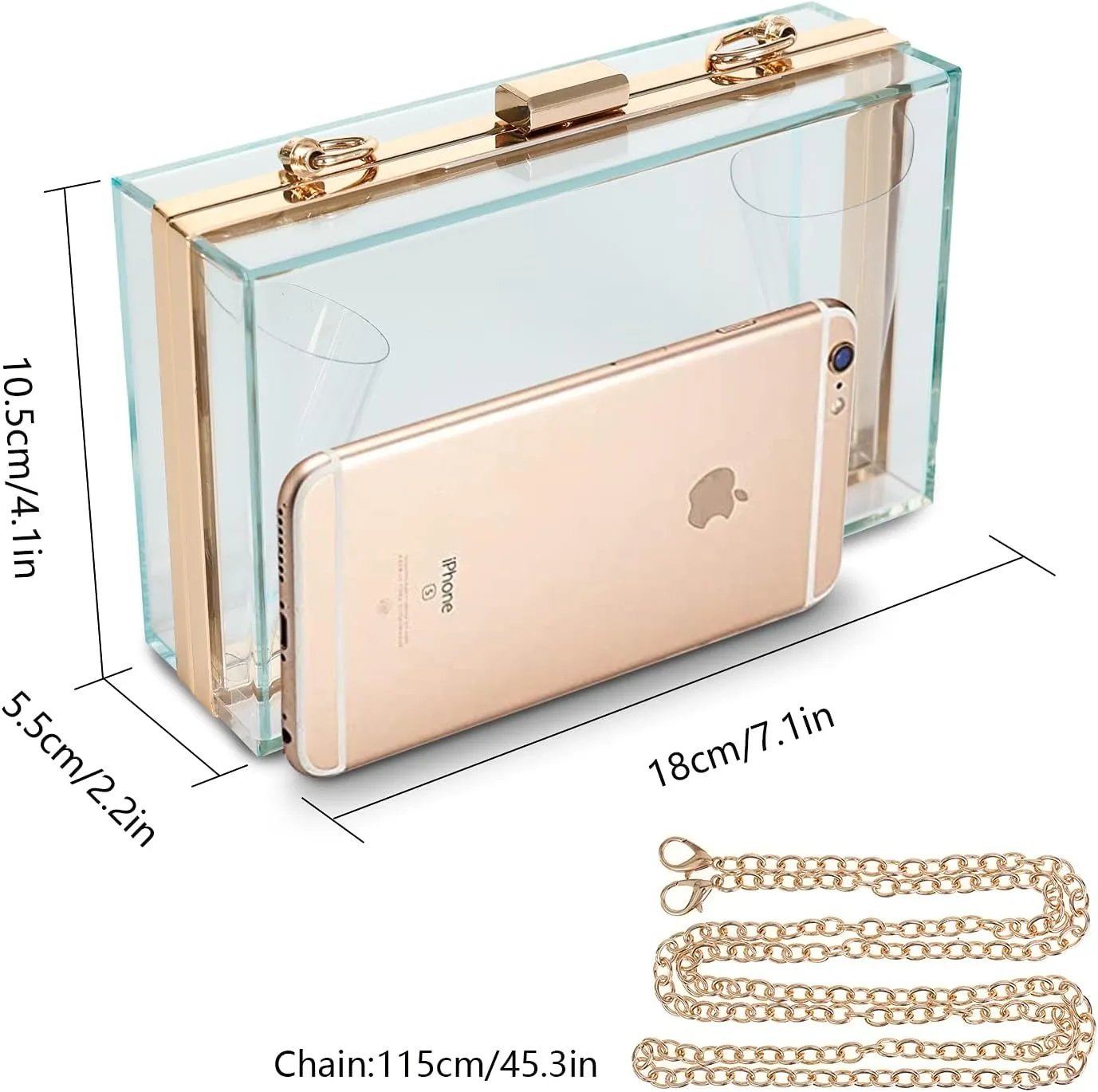 WJCD Women Clear Purse Acrylic Box Clutch Handbag, Small Transparent Crossbody Evening Bag Stadium Approved Gold Chain Strap