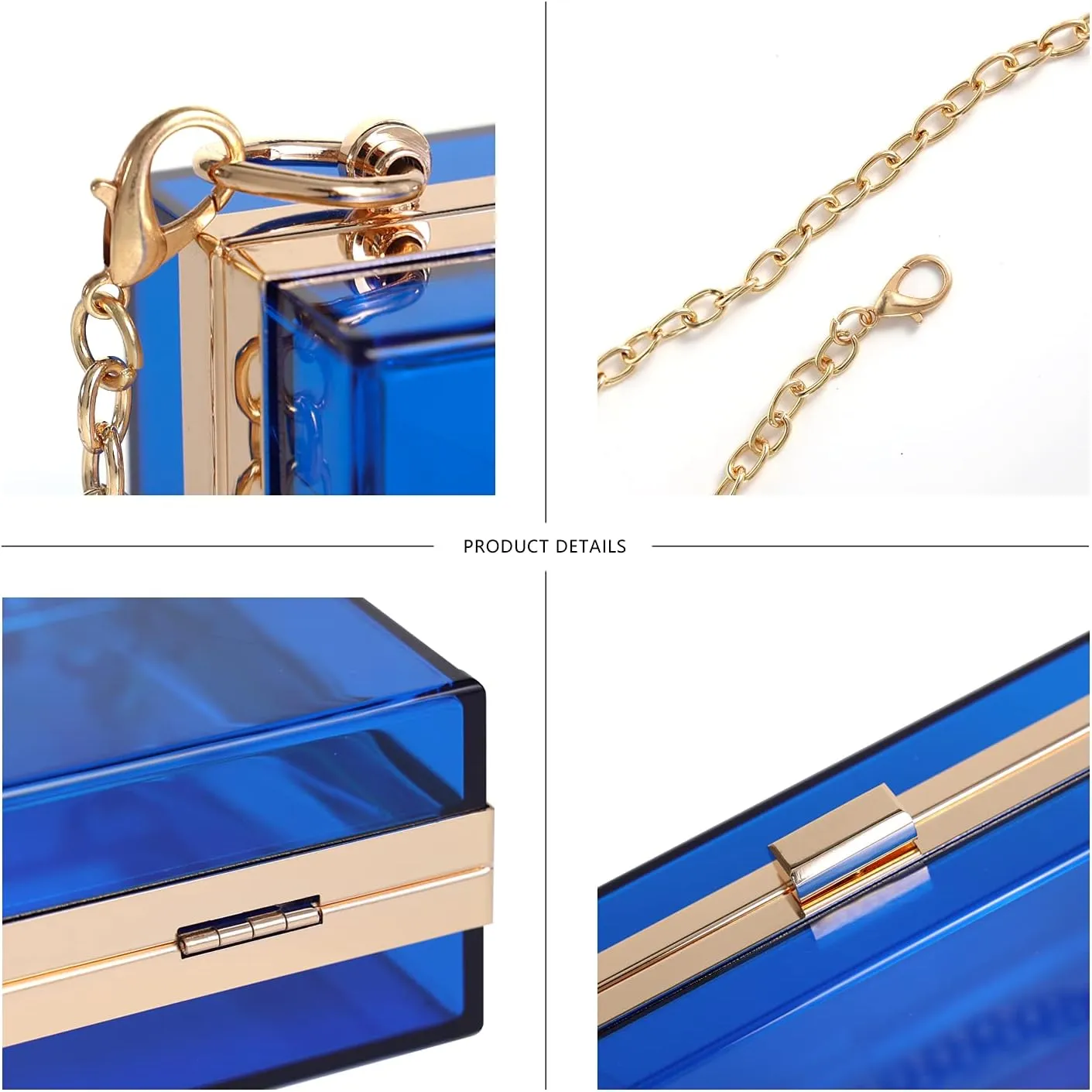 WJCD Women Clear Purse Acrylic Box Clutch Handbag, Small Transparent Crossbody Evening Bag Stadium Approved Gold Chain Strap
