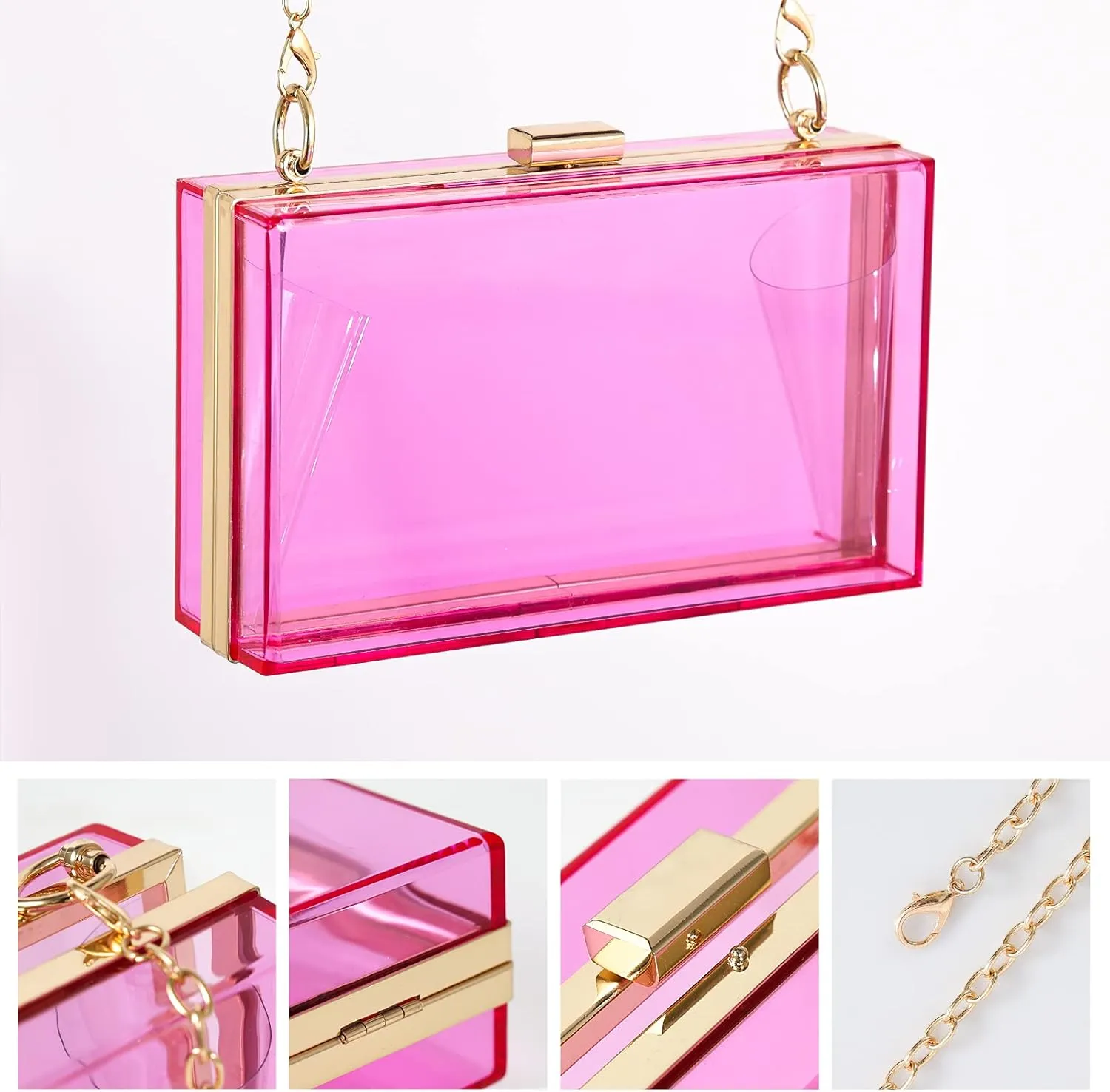 WJCD Women Clear Purse Acrylic Box Clutch Handbag, Small Transparent Crossbody Evening Bag Stadium Approved Gold Chain Strap
