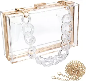 WJCD Women Clear Purse Acrylic Box Clutch Handbag, Small Transparent Crossbody Evening Bag Stadium Approved Gold Chain Strap
