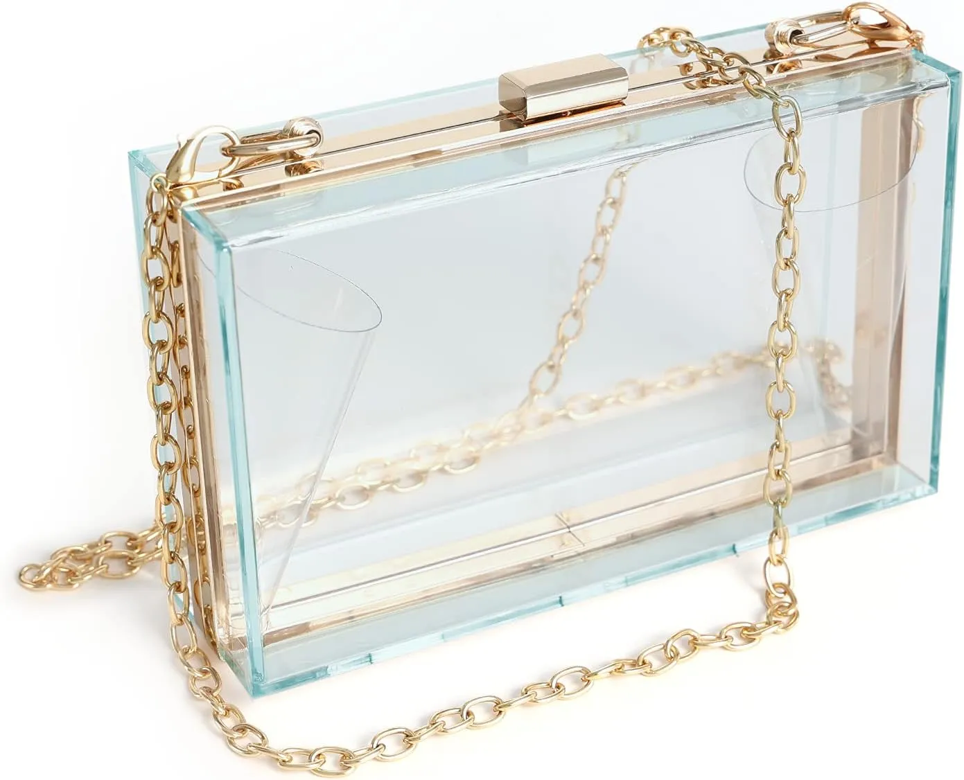 WJCD Women Clear Purse Acrylic Box Clutch Handbag, Small Transparent Crossbody Evening Bag Stadium Approved Gold Chain Strap