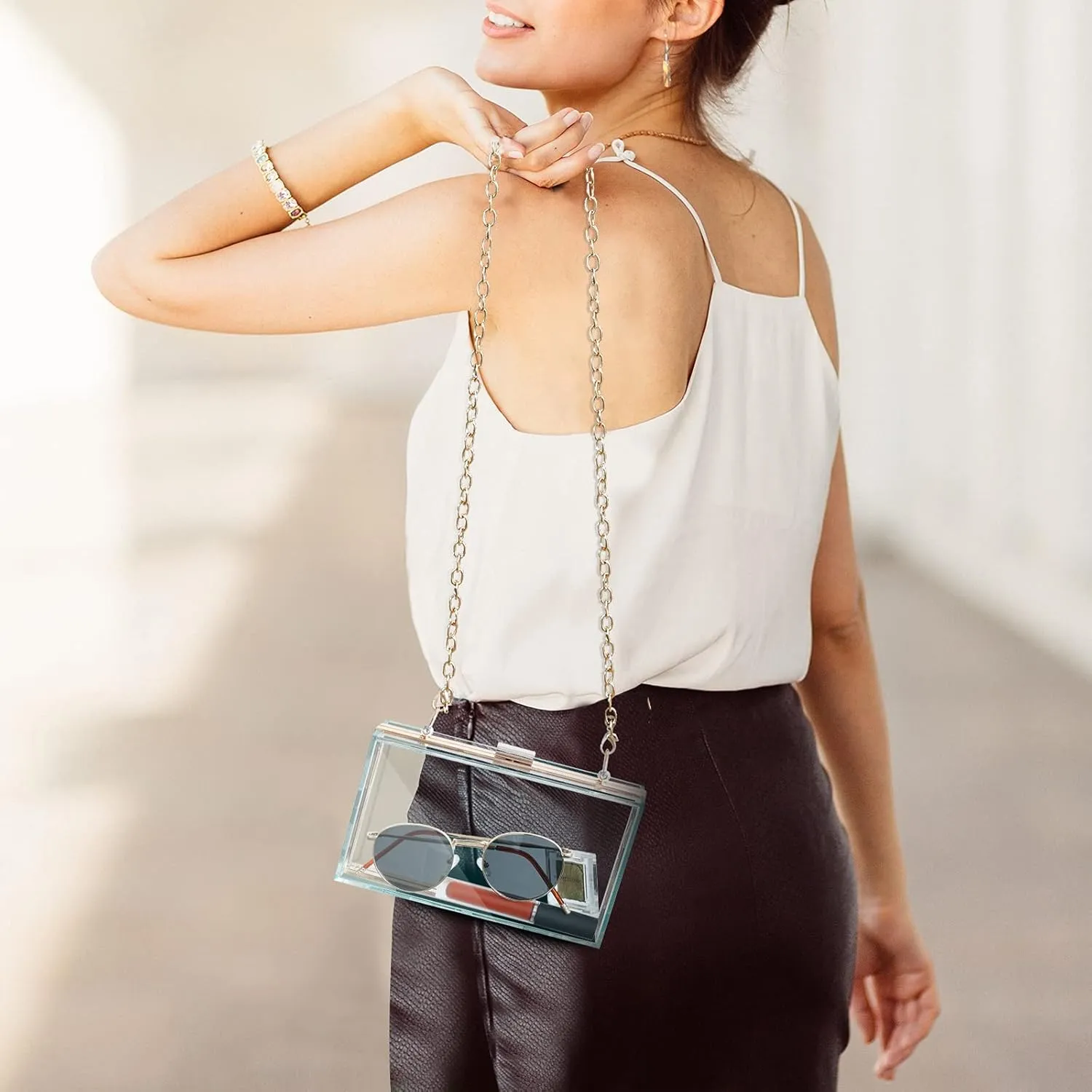 WJCD Women Clear Purse Acrylic Box Clutch Handbag, Small Transparent Crossbody Evening Bag Stadium Approved Gold Chain Strap