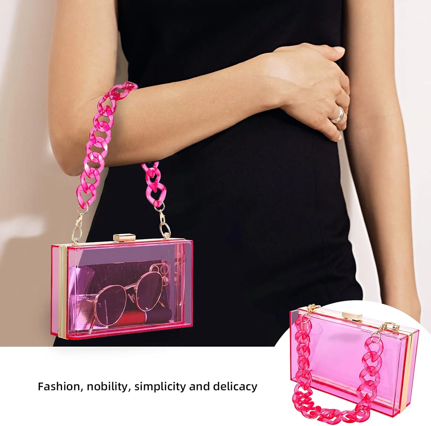 WJCD Women Clear Purse Acrylic Box Clutch Handbag, Small Transparent Crossbody Evening Bag Stadium Approved Gold Chain Strap