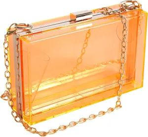 WJCD Women Clear Purse Acrylic Box Clutch Handbag, Small Transparent Crossbody Evening Bag Stadium Approved Gold Chain Strap