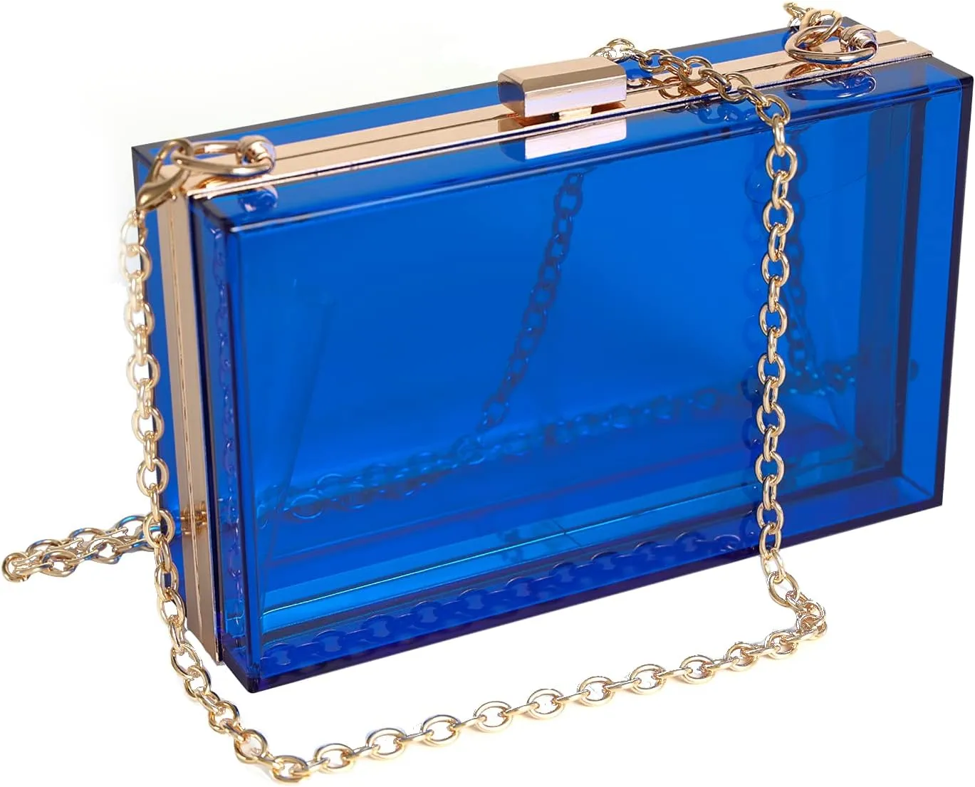WJCD Women Clear Purse Acrylic Box Clutch Handbag, Small Transparent Crossbody Evening Bag Stadium Approved Gold Chain Strap