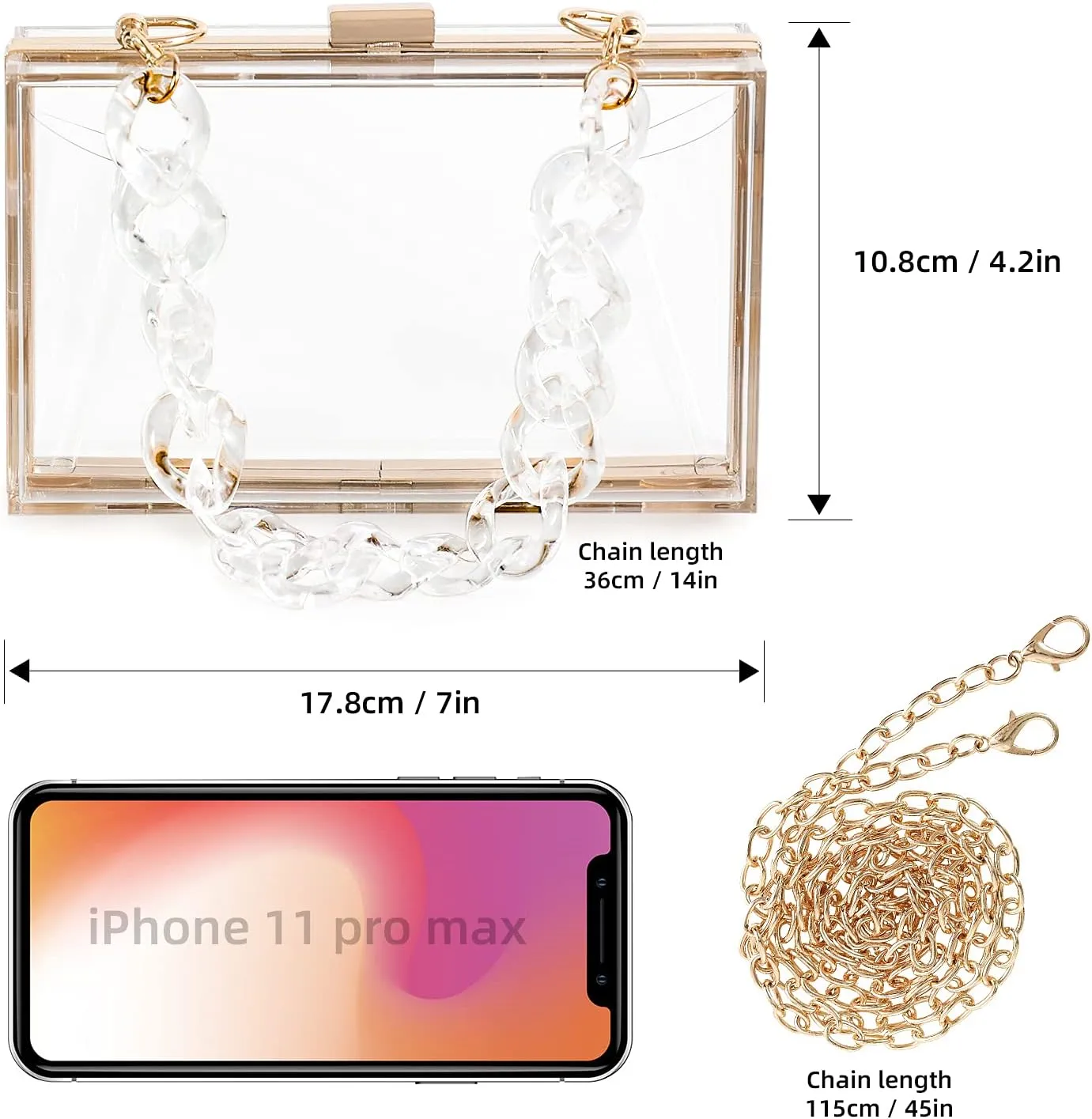 WJCD Women Clear Purse Acrylic Box Clutch Handbag, Small Transparent Crossbody Evening Bag Stadium Approved Gold Chain Strap