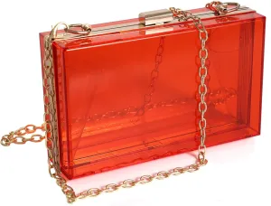 WJCD Women Clear Purse Acrylic Box Clutch Handbag, Small Transparent Crossbody Evening Bag Stadium Approved Gold Chain Strap
