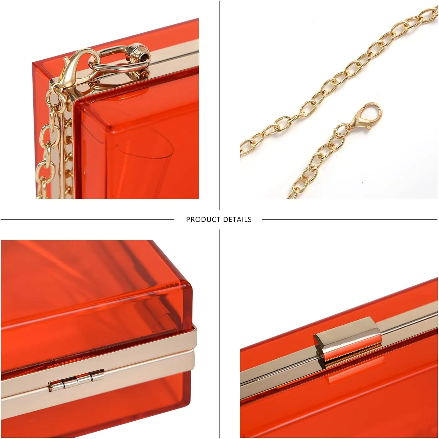 WJCD Women Clear Purse Acrylic Box Clutch Handbag, Small Transparent Crossbody Evening Bag Stadium Approved Gold Chain Strap