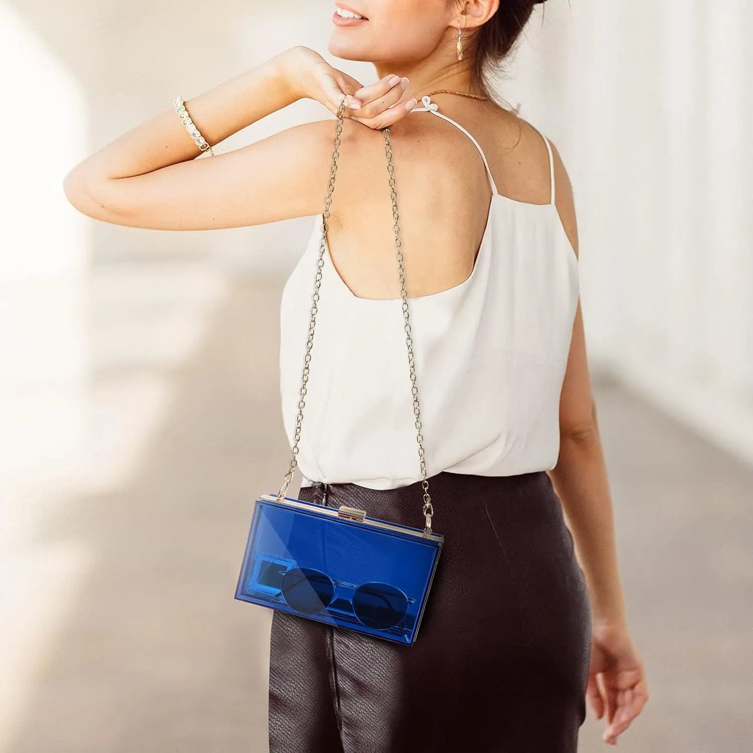 WJCD Women Clear Purse Acrylic Box Clutch Handbag, Small Transparent Crossbody Evening Bag Stadium Approved Gold Chain Strap