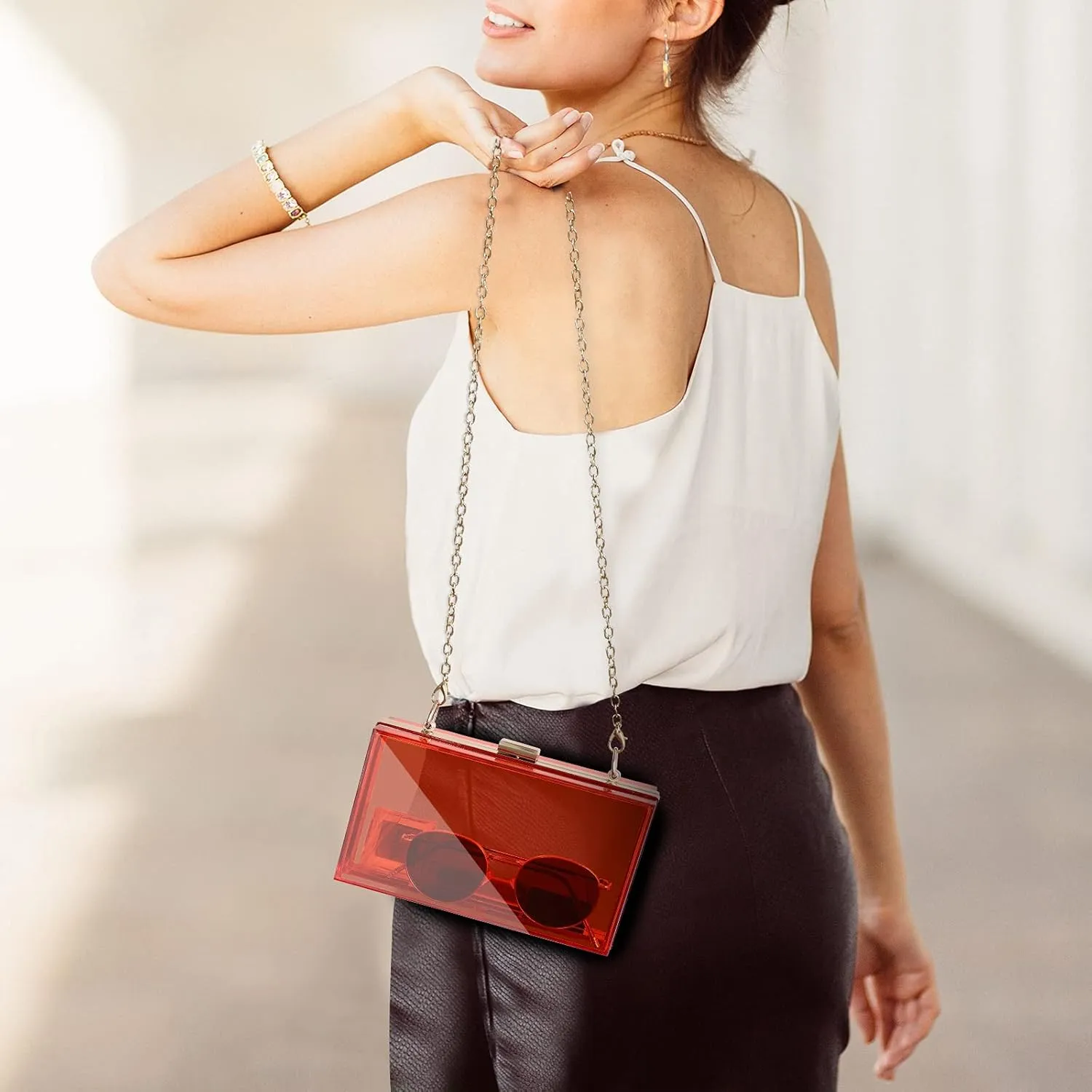 WJCD Women Clear Purse Acrylic Box Clutch Handbag, Small Transparent Crossbody Evening Bag Stadium Approved Gold Chain Strap