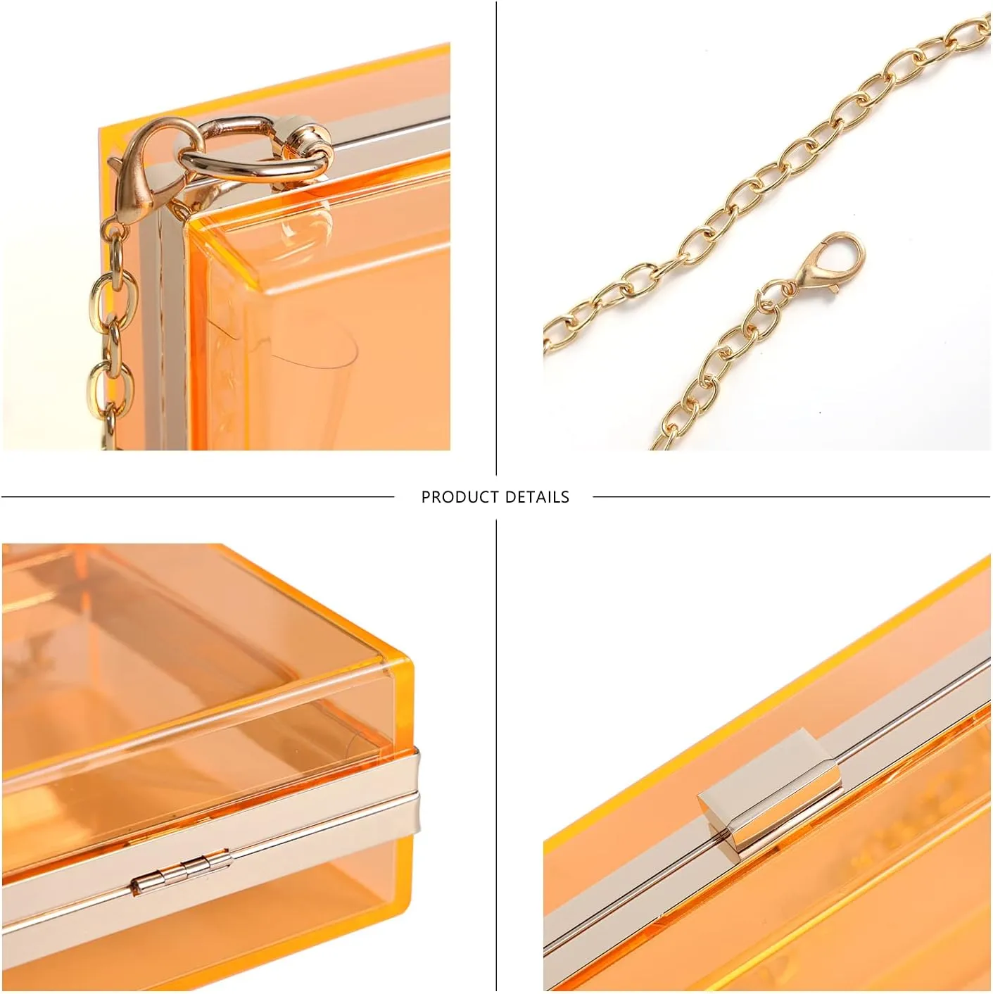 WJCD Women Clear Purse Acrylic Box Clutch Handbag, Small Transparent Crossbody Evening Bag Stadium Approved Gold Chain Strap