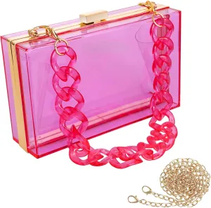 WJCD Women Clear Purse Acrylic Box Clutch Handbag, Small Transparent Crossbody Evening Bag Stadium Approved Gold Chain Strap