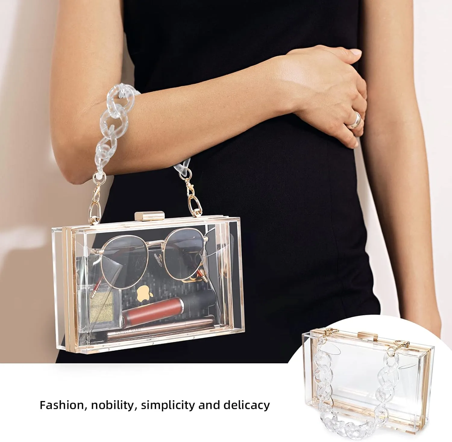 WJCD Women Clear Purse Acrylic Box Clutch Handbag, Small Transparent Crossbody Evening Bag Stadium Approved Gold Chain Strap