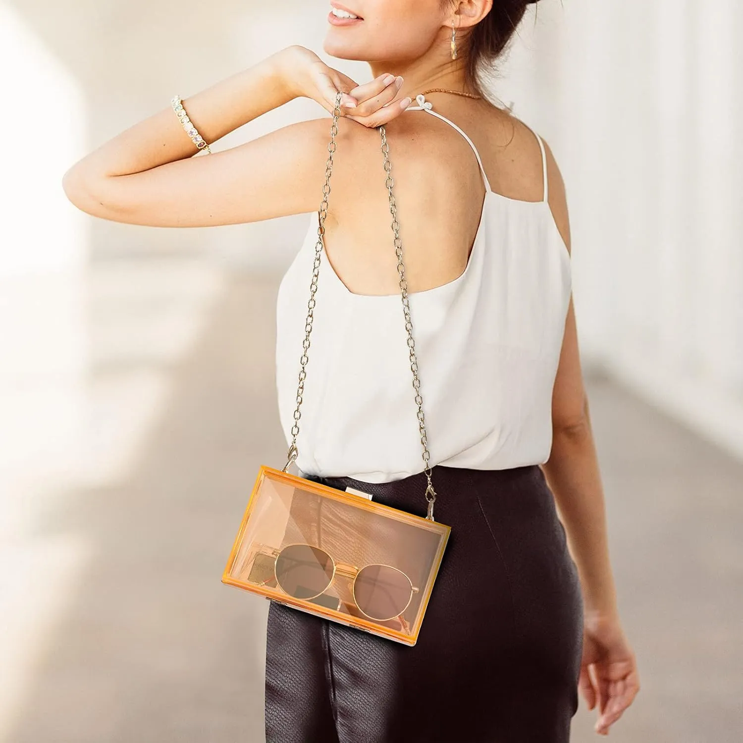 WJCD Women Clear Purse Acrylic Box Clutch Handbag, Small Transparent Crossbody Evening Bag Stadium Approved Gold Chain Strap