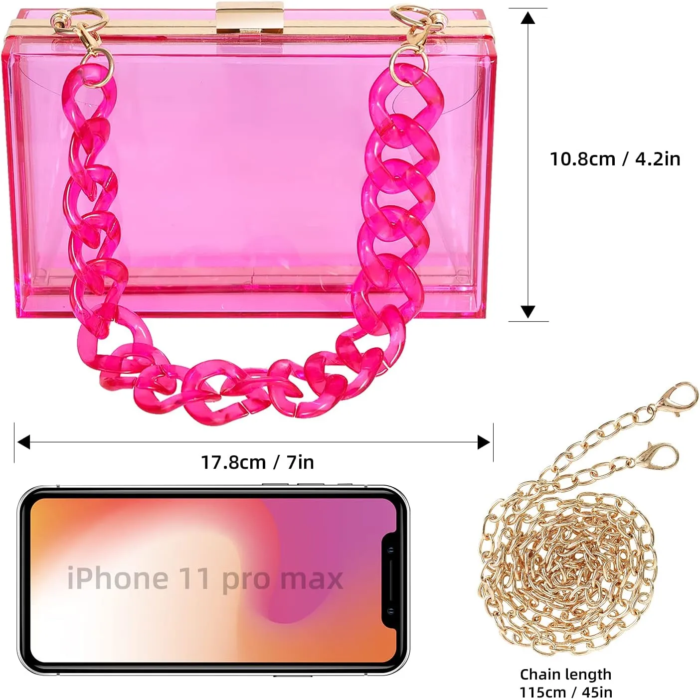WJCD Women Clear Purse Acrylic Box Clutch Handbag, Small Transparent Crossbody Evening Bag Stadium Approved Gold Chain Strap