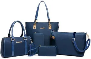 Women 6Pcs Handbag Set Nylon Top Handle Bag Totes Satchels Crossbody Shoulder Bags and Purse Clutch Black