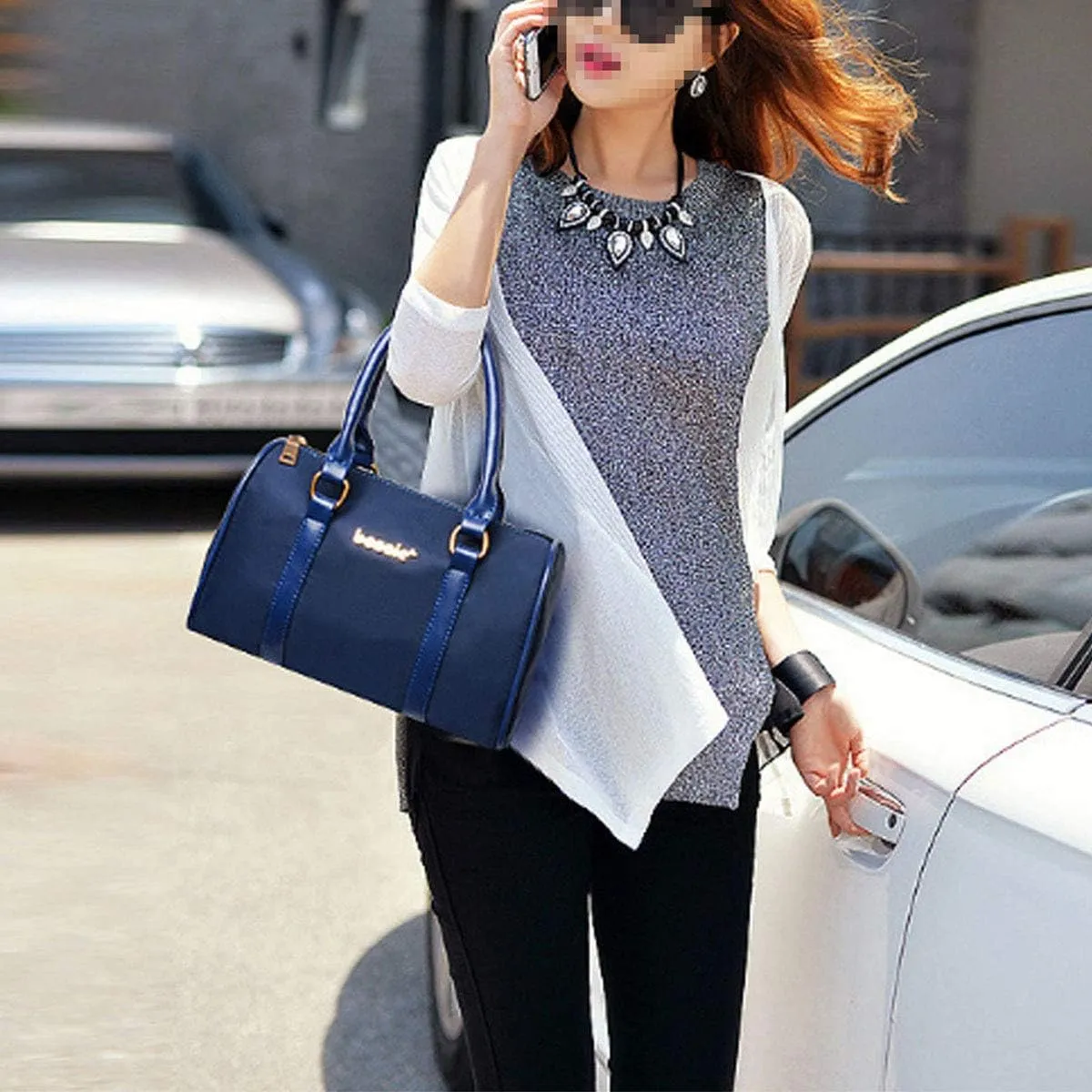 Women 6Pcs Handbag Set Nylon Top Handle Bag Totes Satchels Crossbody Shoulder Bags and Purse Clutch Black
