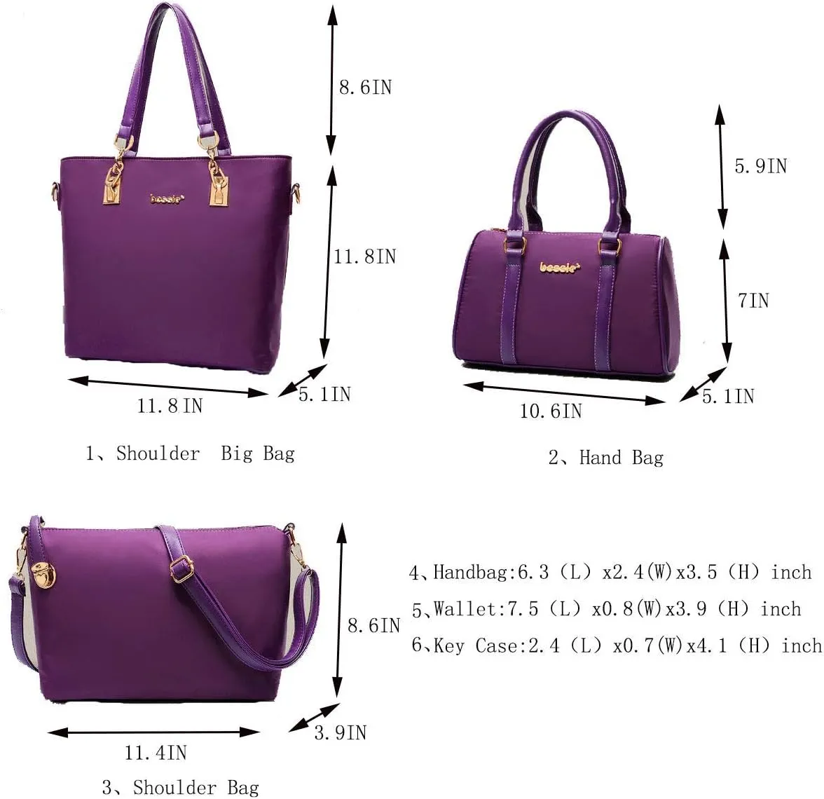 Women 6Pcs Handbag Set Nylon Top Handle Bag Totes Satchels Crossbody Shoulder Bags and Purse Clutch Black