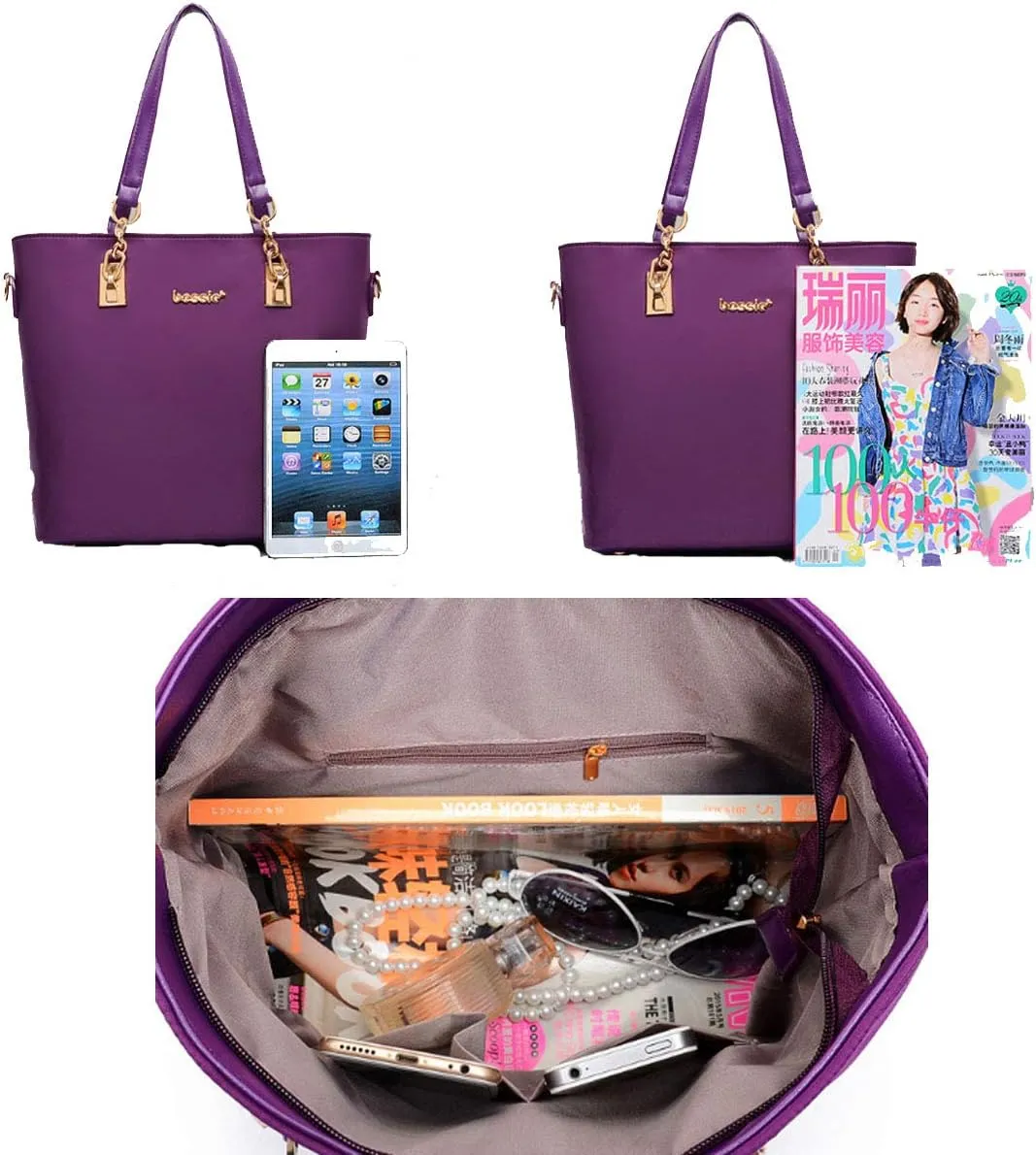 Women 6Pcs Handbag Set Nylon Top Handle Bag Totes Satchels Crossbody Shoulder Bags and Purse Clutch Black