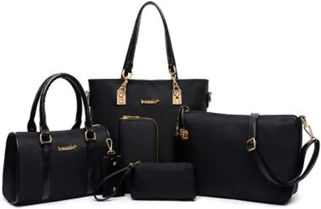 Women 6Pcs Handbag Set Nylon Top Handle Bag Totes Satchels Crossbody Shoulder Bags and Purse Clutch Black