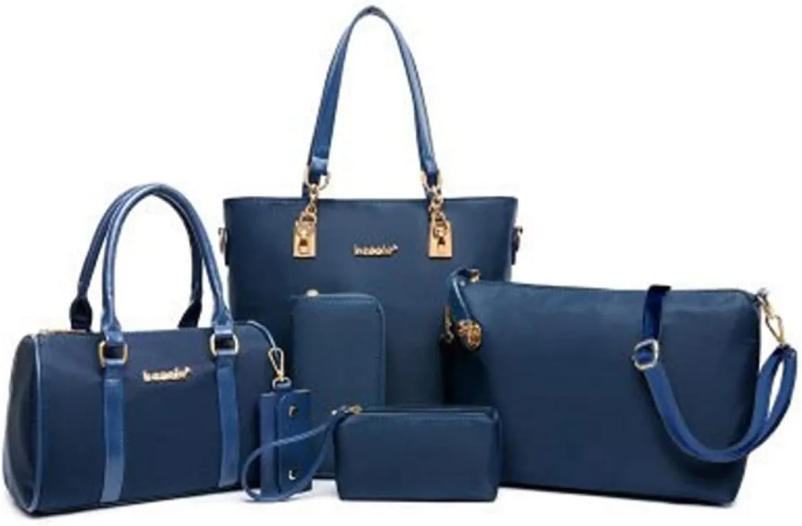 Women 6Pcs Handbag Set Nylon Top Handle Bag Totes Satchels Crossbody Shoulder Bags and Purse Clutch Black