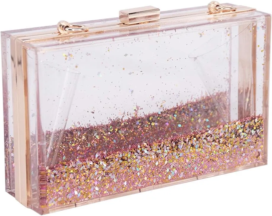 Women Acrylic Clutch Purse Clear Evening Shoulder Bag Star Quicksand Liquid Clutch Purse for Wedding Party Prom Gold-Chain