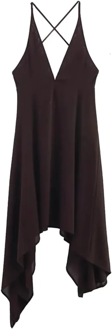Women Asymmetrical Midi Dress Sexy Backless V-Neck Sling Back Cross Design Retro Party Dresses