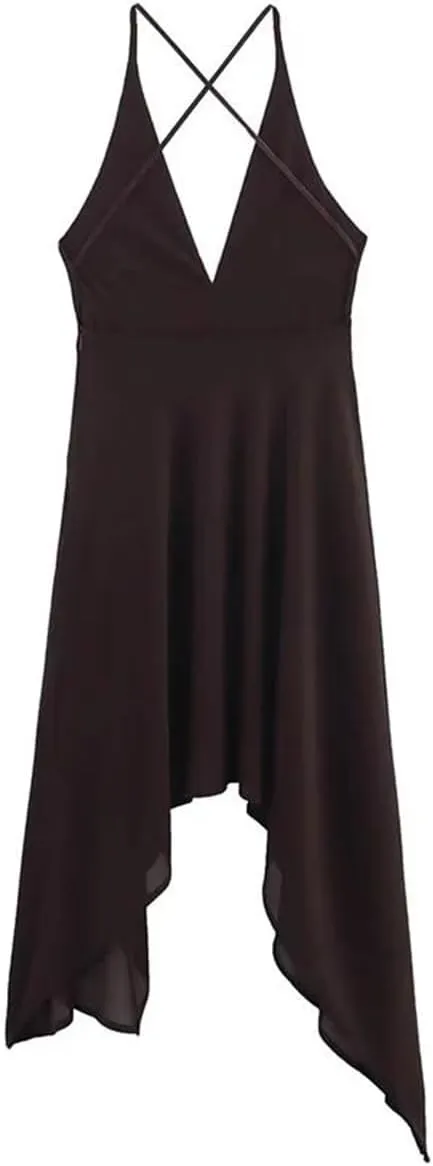 Women Asymmetrical Midi Dress Sexy Backless V-Neck Sling Back Cross Design Retro Party Dresses