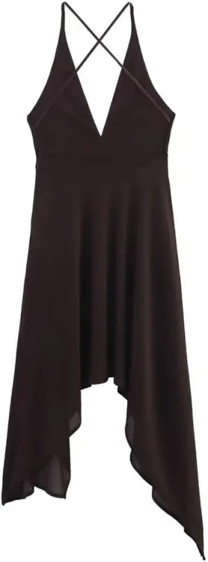 Women Asymmetrical Midi Dress Sexy Backless V-Neck Sling Back Cross Design Retro Party Dresses