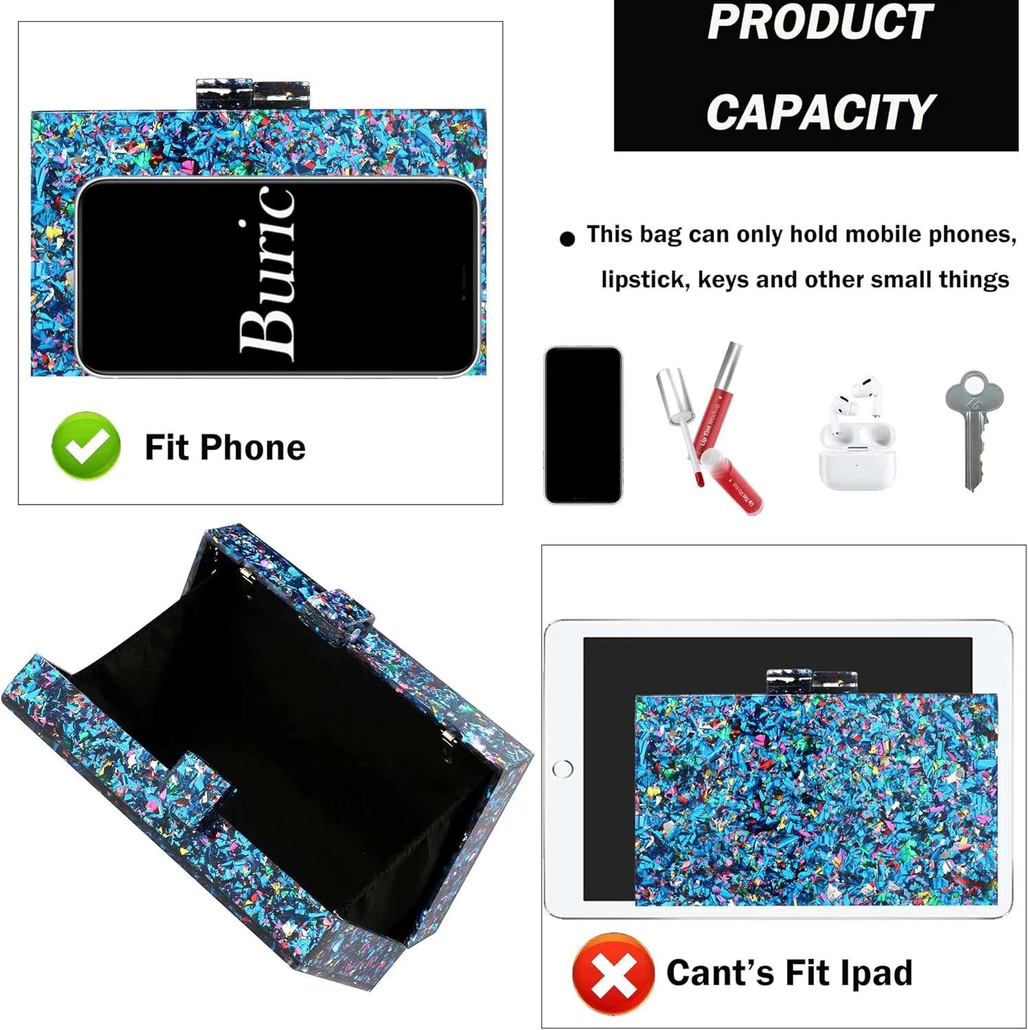 Women Clutches Evening Bags Acrylic Multicolor Purses and Handbags Shoulder Cross Body Bag Formal Wedding Prom Party