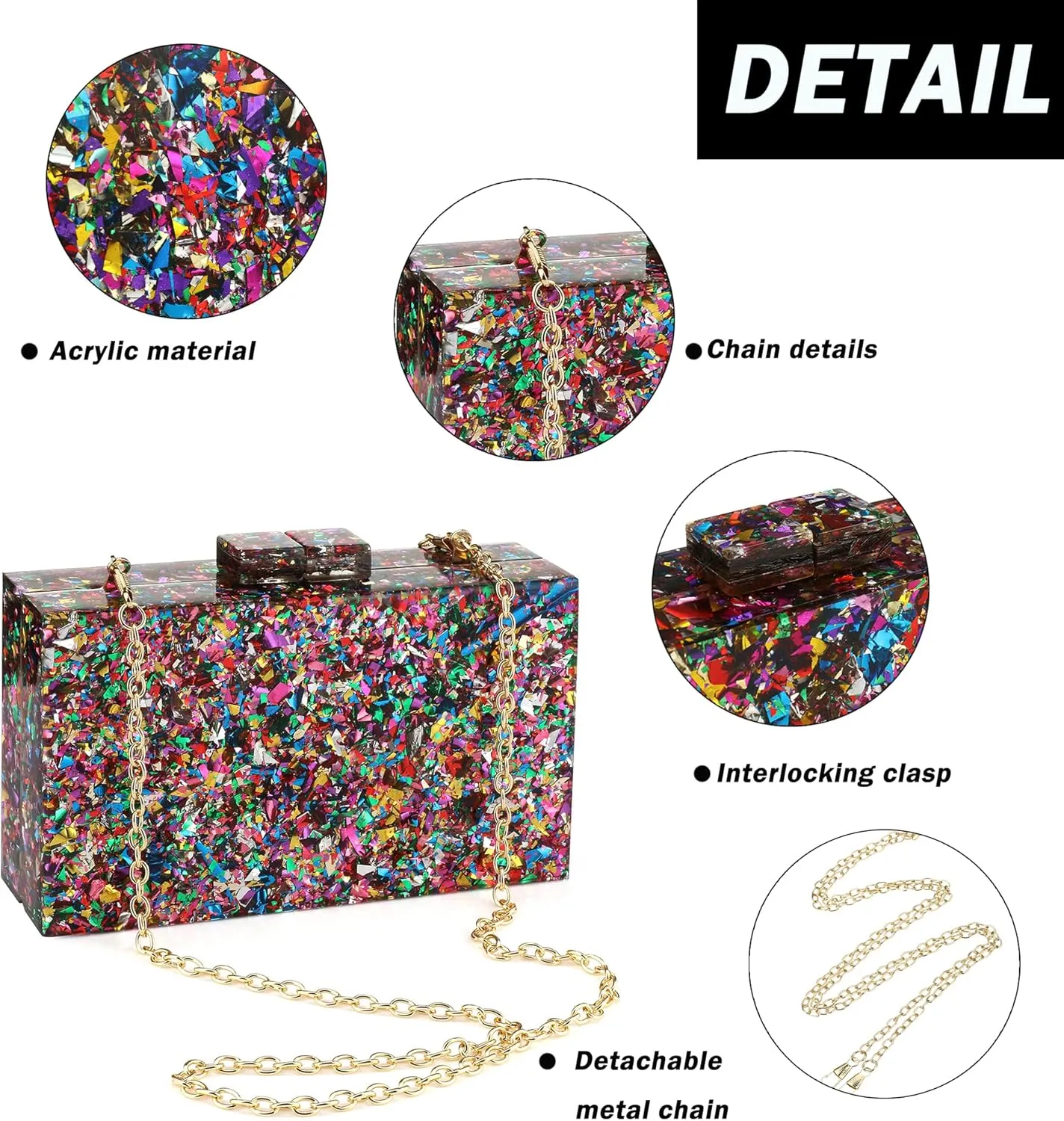 Women Clutches Evening Bags Acrylic Multicolor Purses and Handbags Shoulder Cross Body Bag Formal Wedding Prom Party
